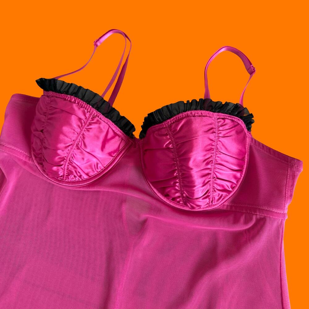 00's vintage hot pink satin mesh mcbling babydoll y2k lingerie bustier slip L - Picture 2 of 5
